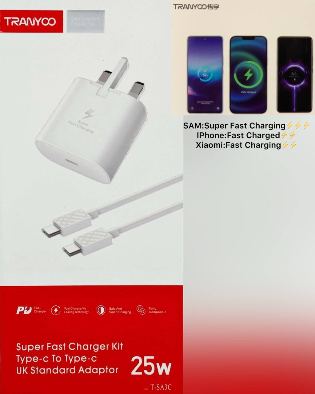 شارژر دیواری 25W برند TRANYOO با کابل دو سر تایپ سی
